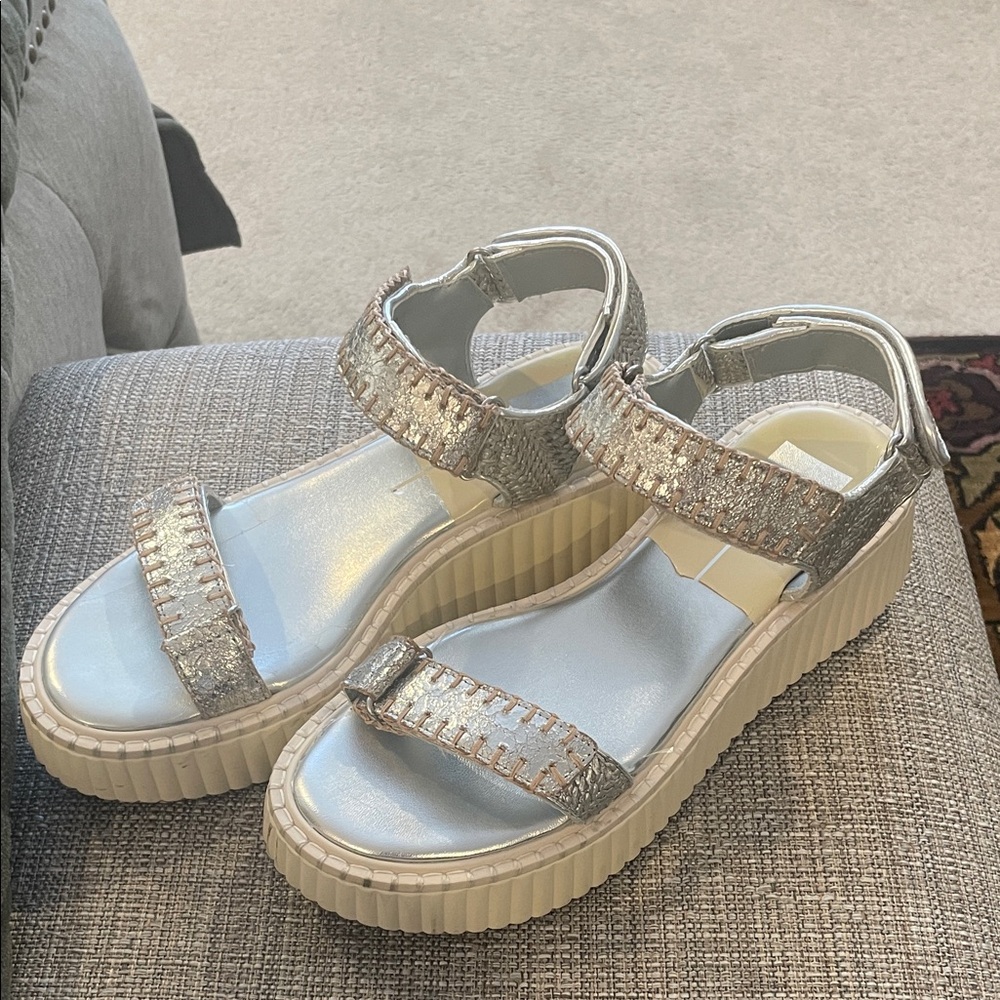 Dolce Vita Silver Metallic Platform Sandals with Cream Ribbed Sole